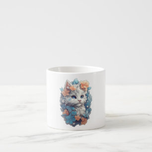 Taza De Espresso Gato Kitty Floral Blanco Bonito