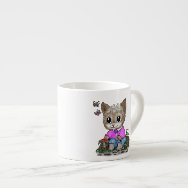 Taza De Espresso Gato Kitty y mariposa (Derecha)