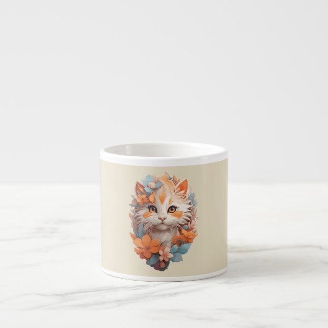Taza De Espresso Gato naranja floral lindo gatito (Frente)