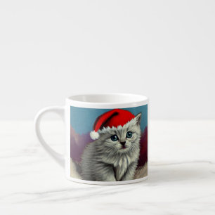 Taza De Espresso Gato vintage de Navidad en Sombrero Santa
