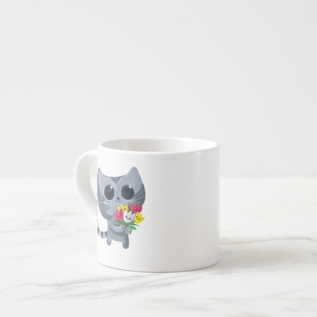 Taza De Espresso Gato y flores lindos del gatito (Izquierda)