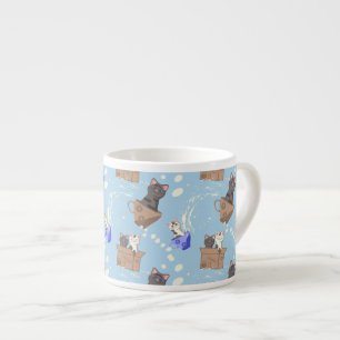 Taza De Espresso Gatos en caja y gotas de leche en azul