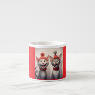 Taza De Espresso Gatos Personalizados Sonrientes Con Gorras Rojos Y