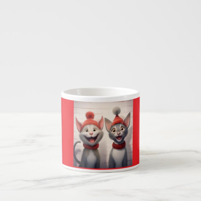 Taza De Espresso Gatos Personalizados Sonrientes Con Gorras Rojos Y (Frente)