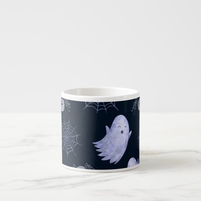 Taza De Espresso Gracioso patrón de Halloween con araña fantasma. (Frente)