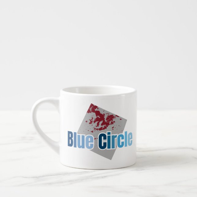 Taza De Espresso Grey Square with Red Stain and Blue Circle Text (Izquierda)