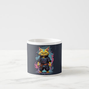 Taza De Espresso Guerrero Ninja Gato Amarillo Acuarela Genial