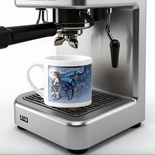 Taza De Espresso Hada celta de luna invernal azul fantasía copos de
