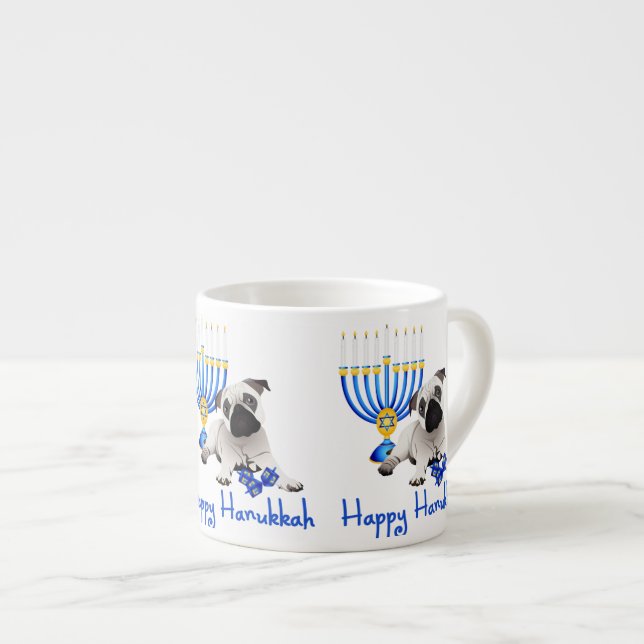 Taza De Espresso Hanukkah Pug con Menorah y Dreides (Derecha)