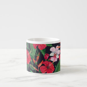 Taza De Espresso hibiscos rojos, orquídeas, acuarela tropical.