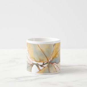 Taza De Espresso Hojas botánicas acuarelas doradas azules suaves