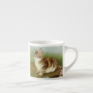 Taza De Espresso Ilustracion de gatito vintage con flores