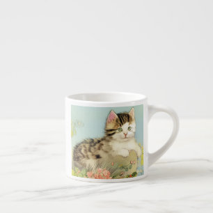 Taza De Espresso Ilustracion de gato vintage con flores rosas