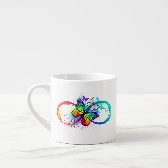 Taza De Espresso Infinidad brillante con la mariposa arcoiris (Izquierda)