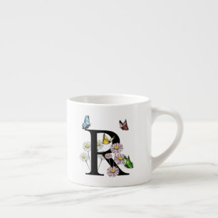 Taza De Espresso Inicial de monograma de mariposa floral letra R  