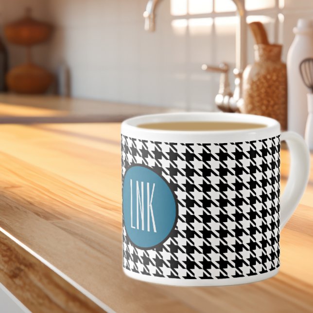 Taza De Espresso Iniciales de monograma, Houndstoth Ocean Blue 6oz. (Subido por el creador)