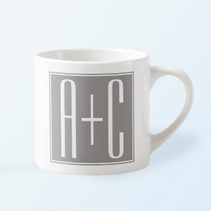 Taza De Espresso Iniciales de parejas u otro texto   Blanco y gris