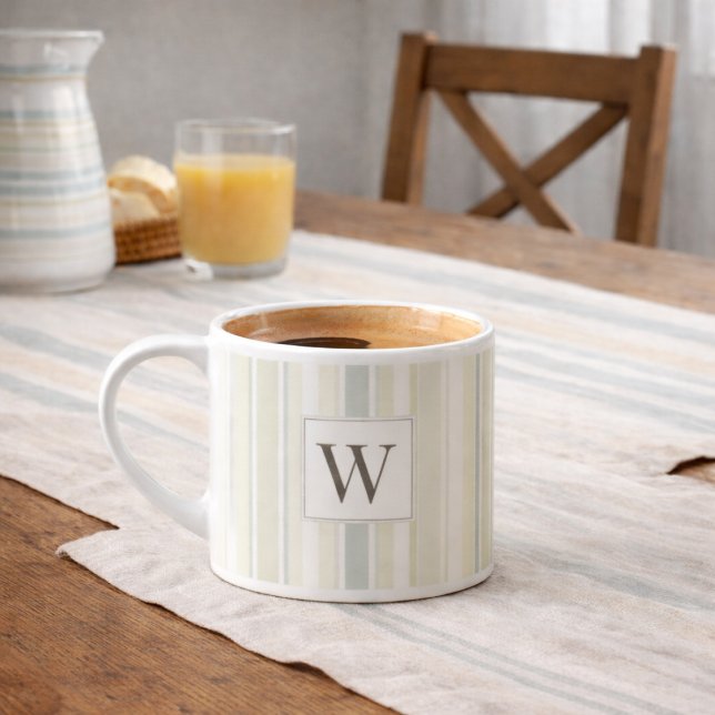 Taza De Espresso Initial Neutral Dusty Blue Stripe Rustic Farmhouse (Subido por el creador)