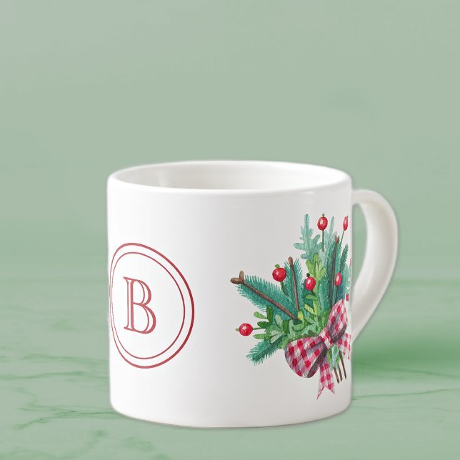 Taza De Espresso Initial, Watercolor Berries & Greenery Bouquet 6oz (Subido por el creador)
