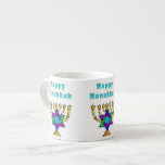 Taza De Espresso Jánuca feliz<br><div class="desc">Regalos personalizados que dicen la estrella judía y las velas de la característica de "Jánuca feliz" listas para encender cada noche especial.  ¡Buenas fiestas y tenga un Año Nuevo maravilloso!</div>