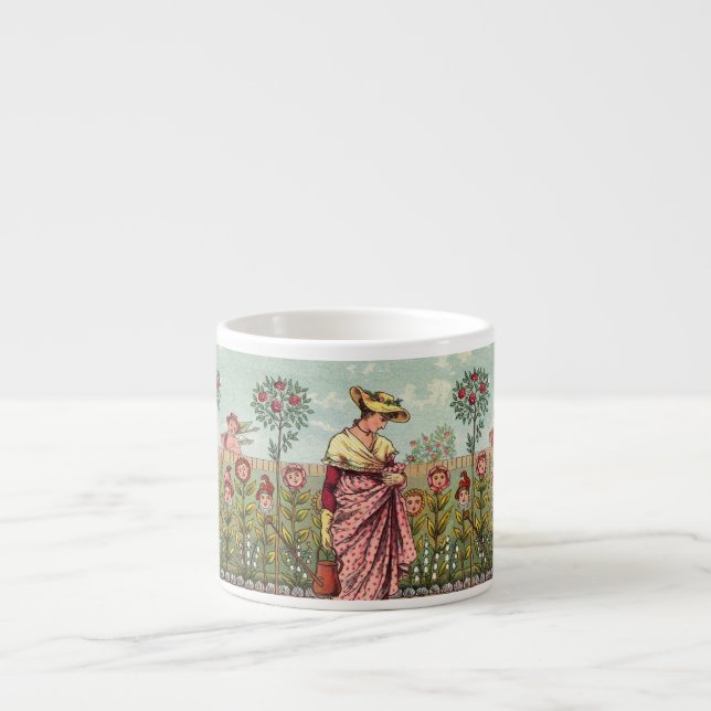 Taza De Espresso Jardín Crecer Flor Mujer Arte Antiguo (Frente)