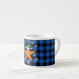 Taza De Espresso Kawaii Navidad Starfish en patrón de búfalo azul