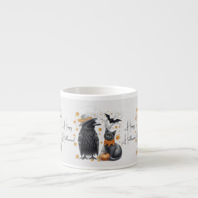 Taza De Espresso Krähe und Katze „Happy Halloween!“ Crow Tasse (Frente)