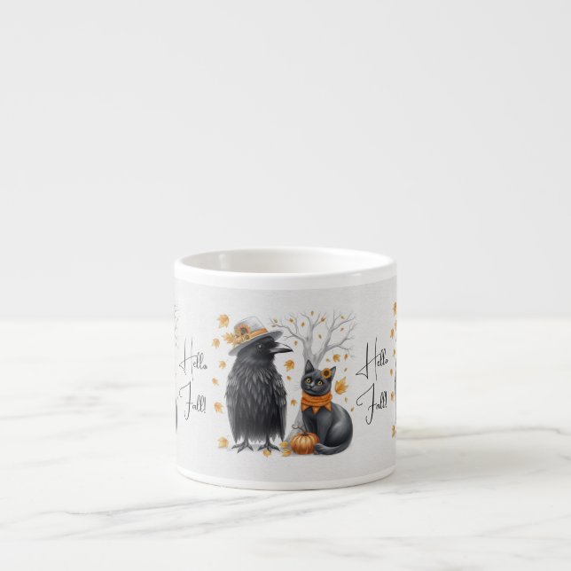 Taza De Espresso Krähe und Katze im Herbst „Hello Fall“ Crow (Frente)