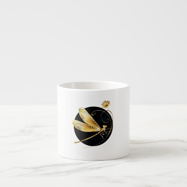 Taza De Espresso La libélula dorada en círculo negro (Frente)