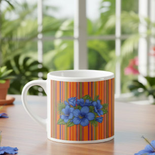 Taza De Espresso Large Tropical Style Coffee Mug with Blue Floral