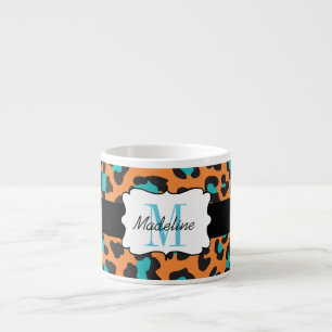 Taza De Espresso Leopard Print Aqua Naranja Black Espresso Mug