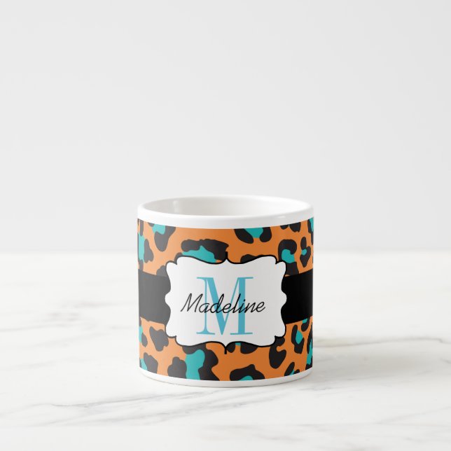 Taza De Espresso Leopard Print Aqua Naranja Black Espresso Mug (Frente)