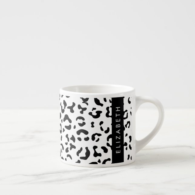 Taza De Espresso Leopard Print, Spots, Black And White, Tu Nombre (Derecha)