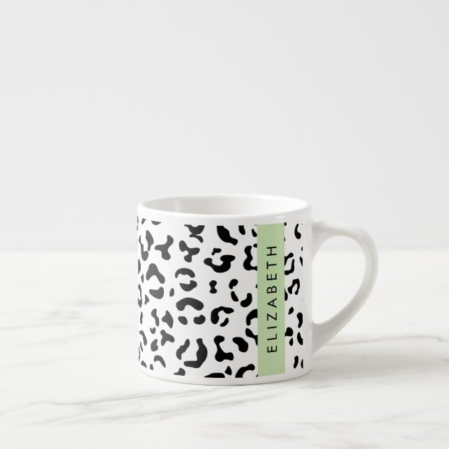 Taza De Espresso Leopard Print, Spots, Black And White, Tu Nombre (Derecha)