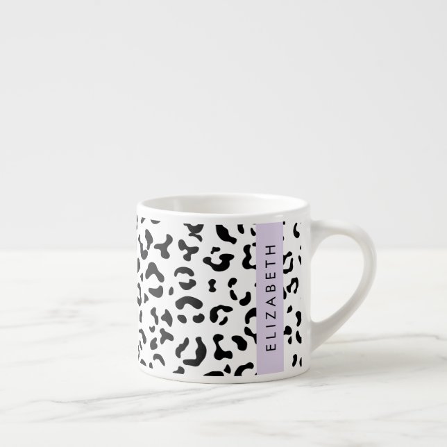 Taza De Espresso Leopard Print, Spots, Black And White, Tu Nombre (Derecha)