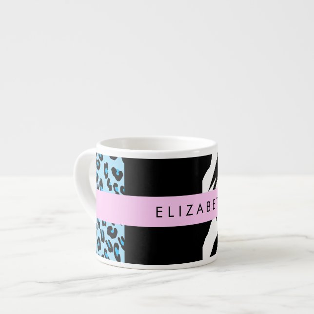 Taza De Espresso Leopard Print, Zebra Print, Blue, Your Name (Izquierda)
