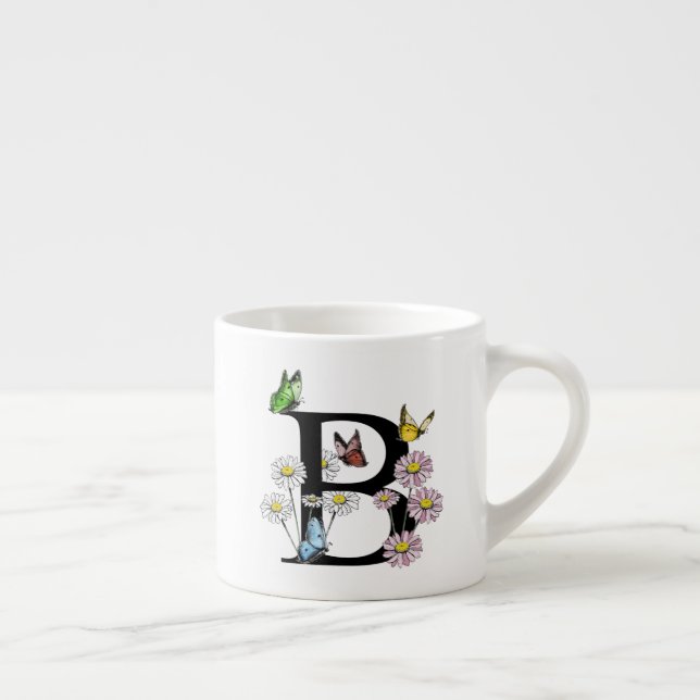 Taza De Espresso Letra B Monograma de mariposa floral inicial (Derecha)