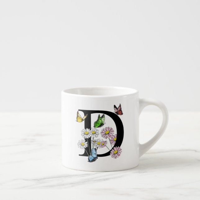 Taza De Espresso Letra D Monograma de mariposa floral inicial (Derecha)
