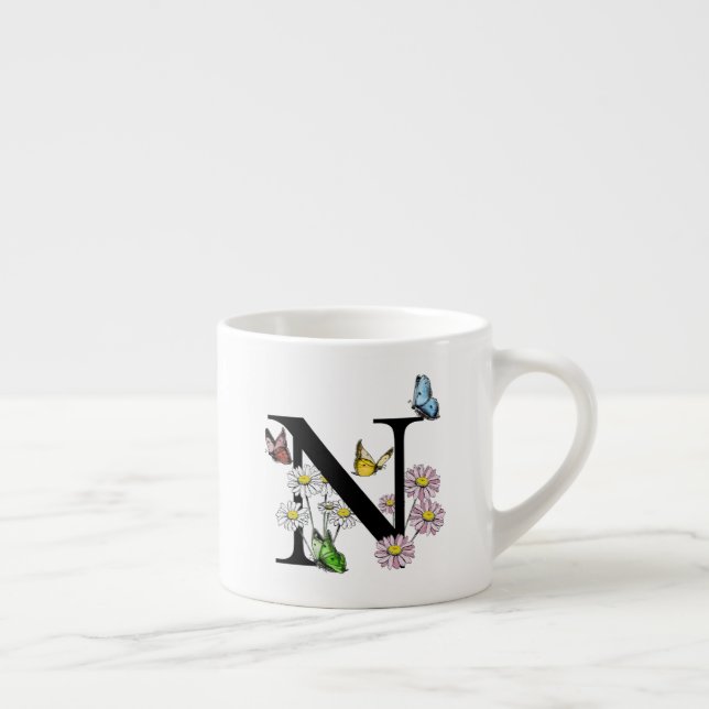 Taza De Espresso Letra N Monograma de mariposa floral inicial (Derecha)