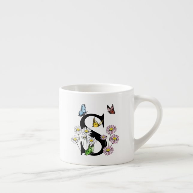 Taza De Espresso Letra S Floral Mariposa Monograma Inicial   (Derecha)