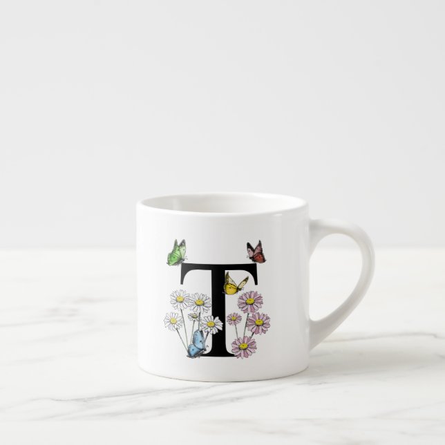 Taza De Espresso Letra T Monograma Floral de Mariposa Inicial  (Derecha)