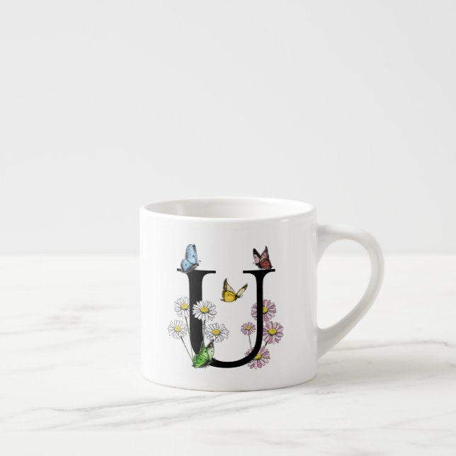 Taza De Espresso Letra U Monograma de mariposa floral inicial (Derecha)