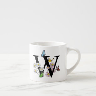 Taza De Espresso Letra W Floral Mariposa Monograma Inicial 