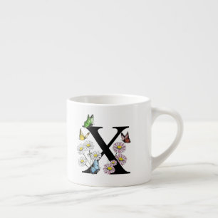 Taza De Espresso Letra X Monograma de Mariposa Floral Inicial    