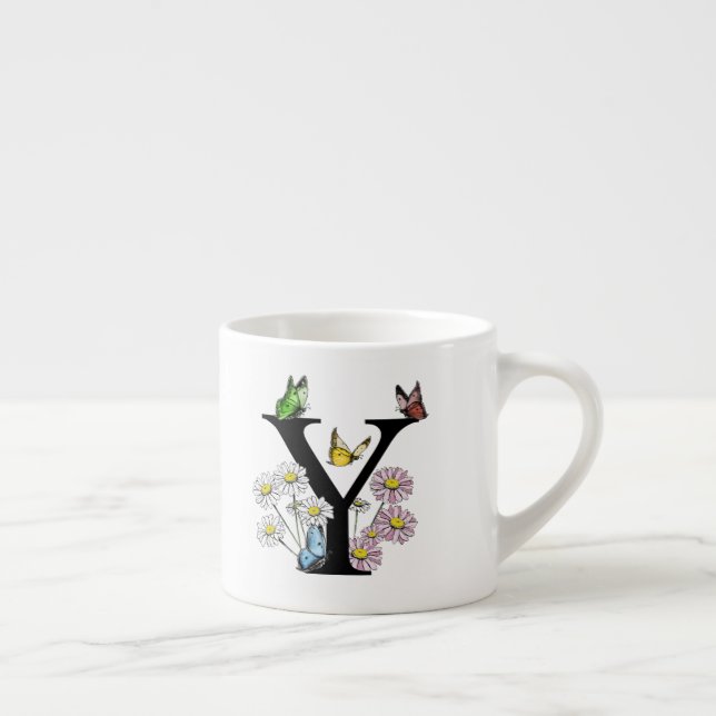 Taza De Espresso Letra Y Floral Mariposa Monograma Inicial     (Derecha)