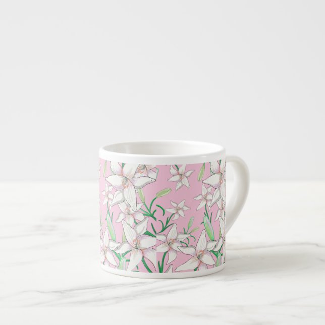 Taza De Espresso Lillies blancos sobre el Ilustracion de fondo rosa (Derecha)