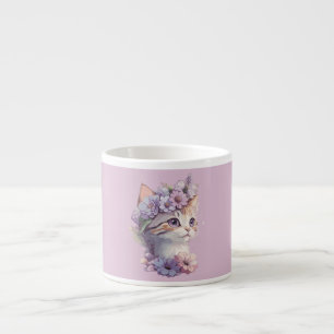 Taza De Espresso Lindo gato de acuarela violeta con flora