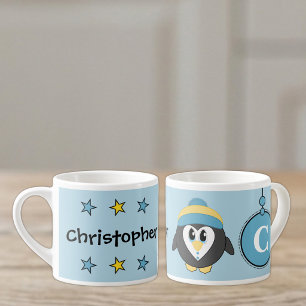 Taza De Espresso Lindo pingüino azul amarillo con estrellas para ni