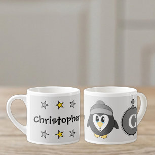 Taza De Espresso Lindo pingüino gris amarillo con estrellas para ni