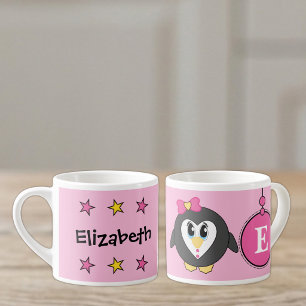 Taza De Espresso Lindo pingüino rosa amarillo con estrellas para ni